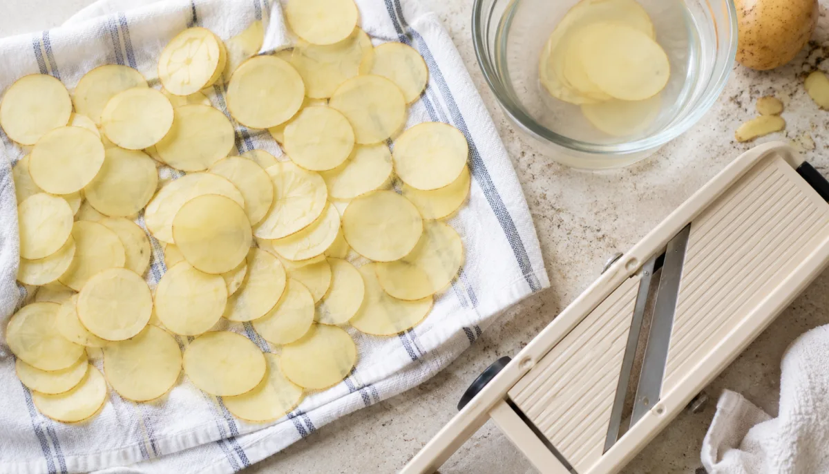 Thin potato slices rinsed and drying on towels