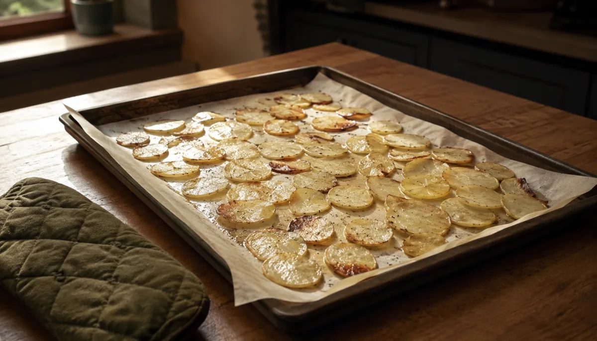 Single layer potato chips baking on parchment
