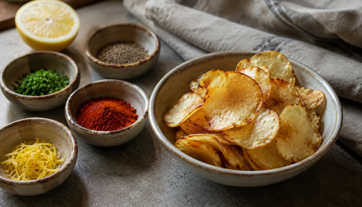 Bowl of homemade chips with small bowls of spices