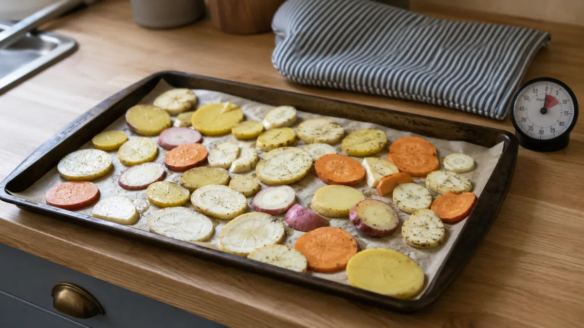 Homemade vegetable chips spread in a single layer before baking