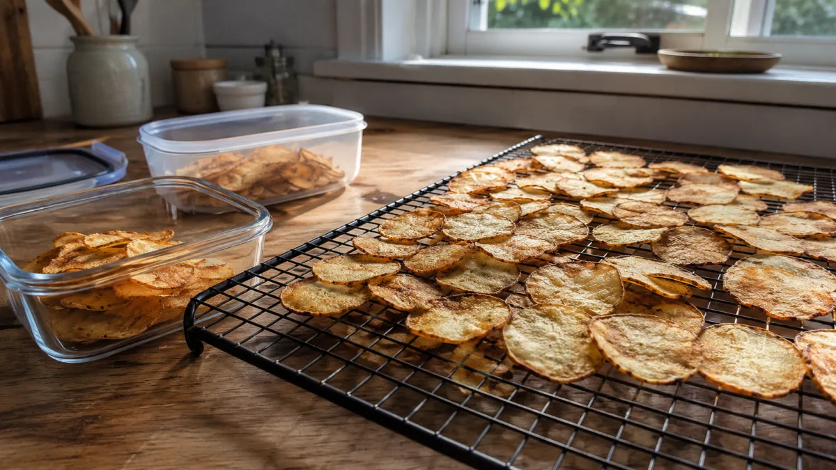 Finished homemade chips cooling before storage