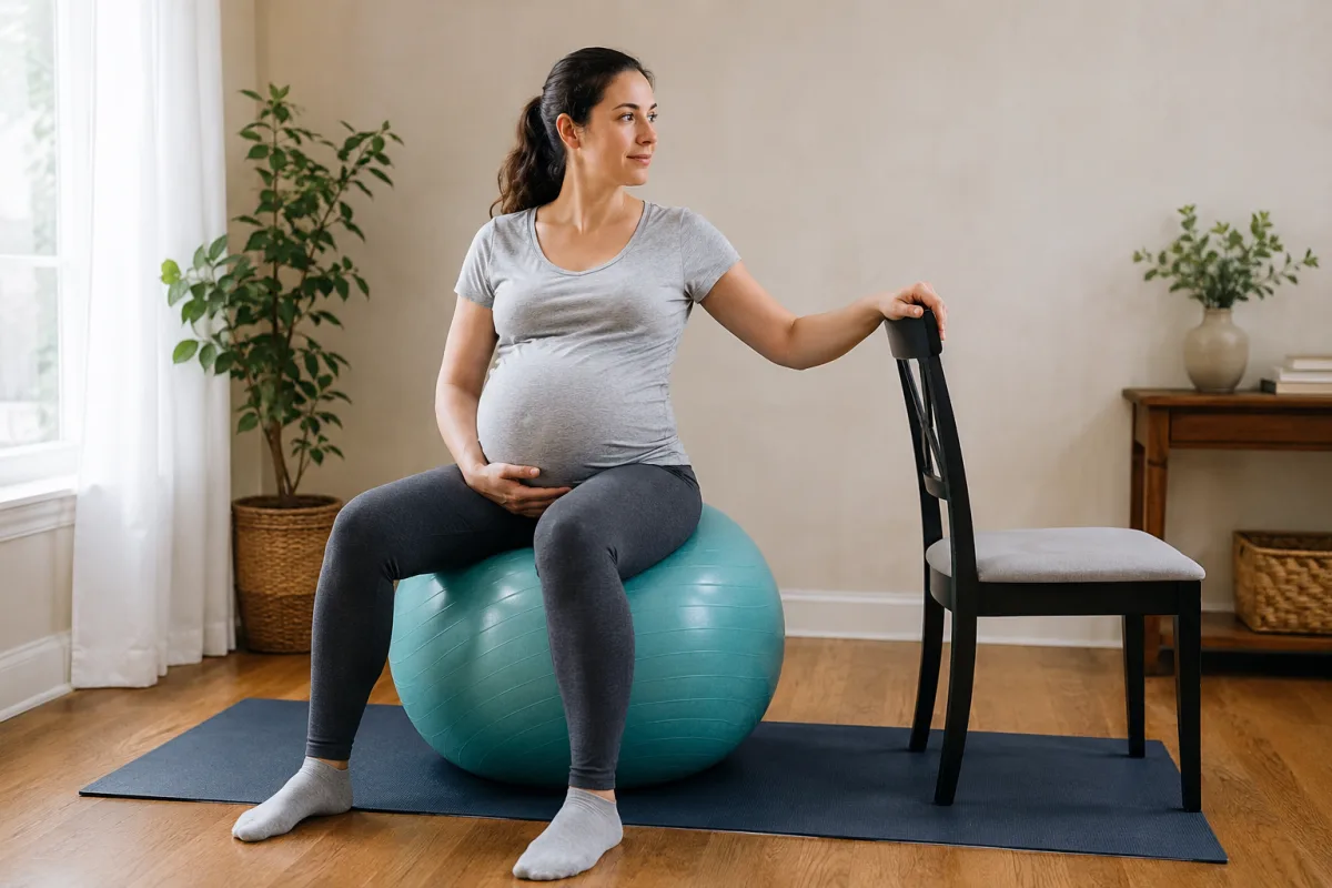 Pregnant person doing supported pelvic tilt exercise