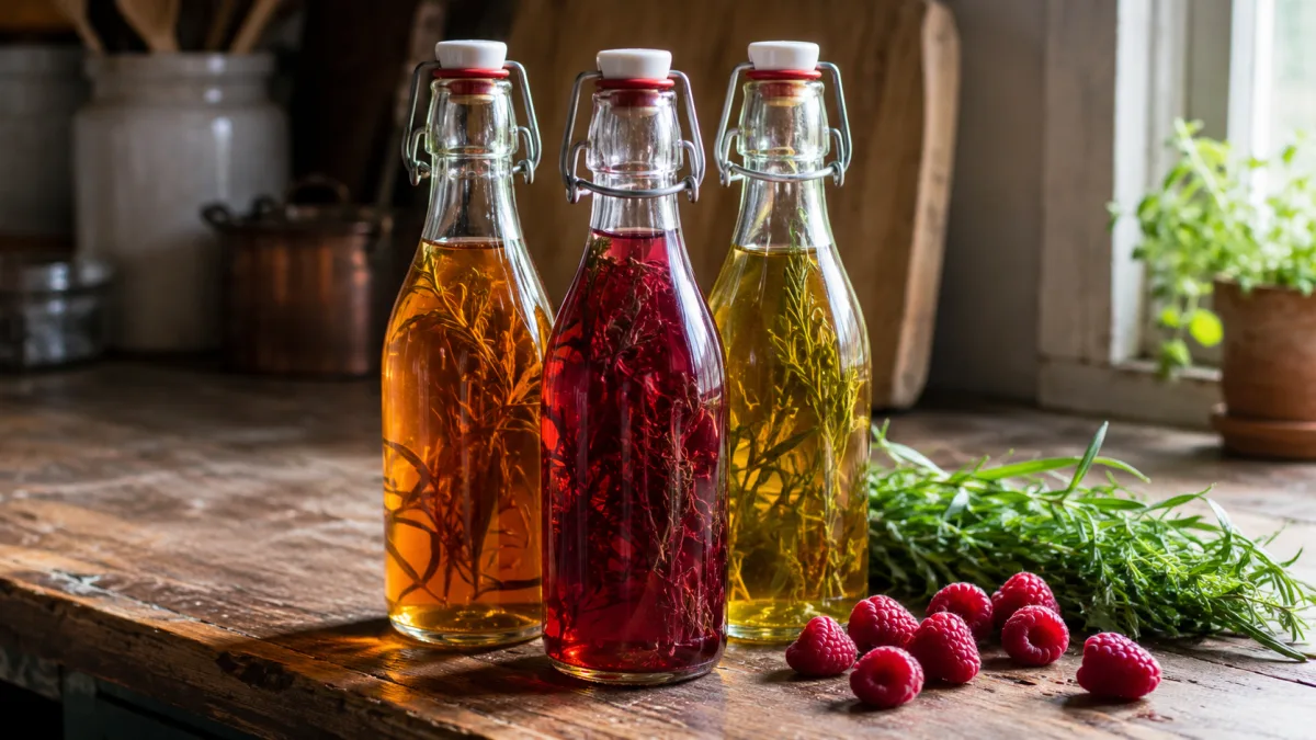 Decorative glass bottles of herb-infused vinegar on a wooden kitchen counter