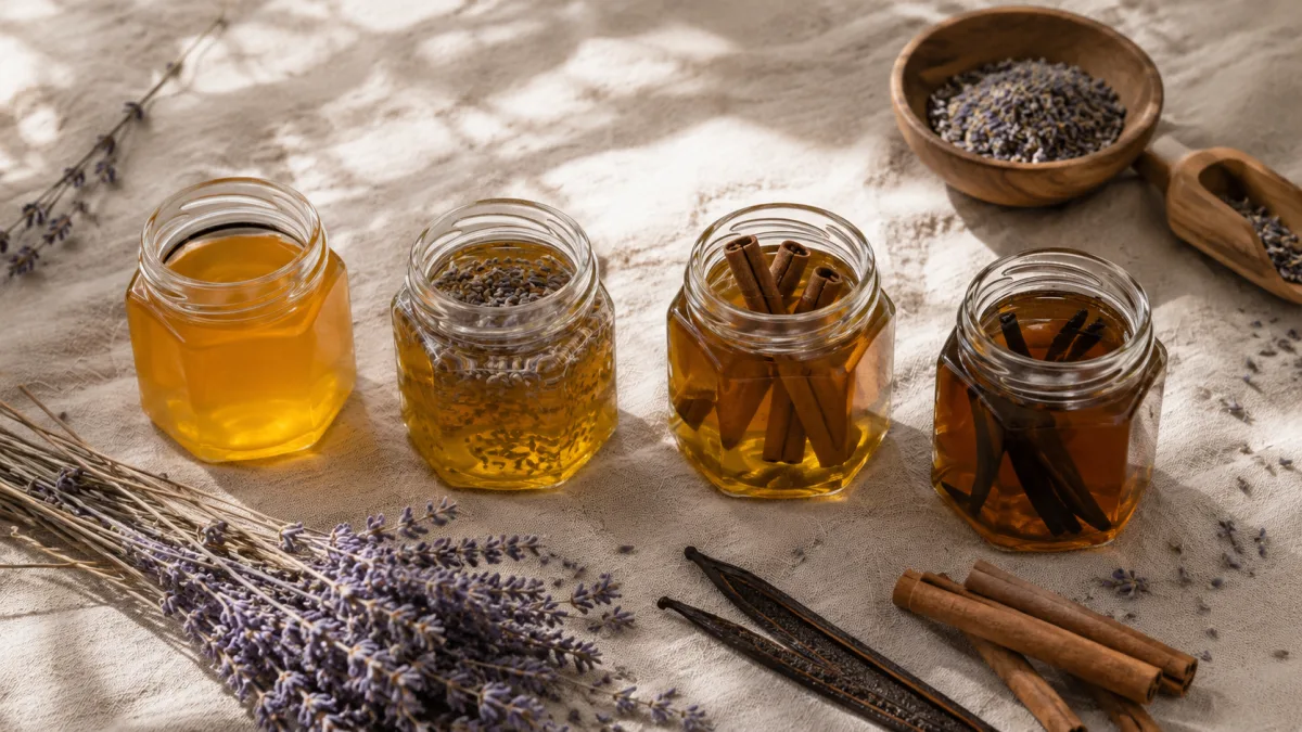 Small glass jars of infused honey with dried lavender and cinnamon sticks on a linen cloth