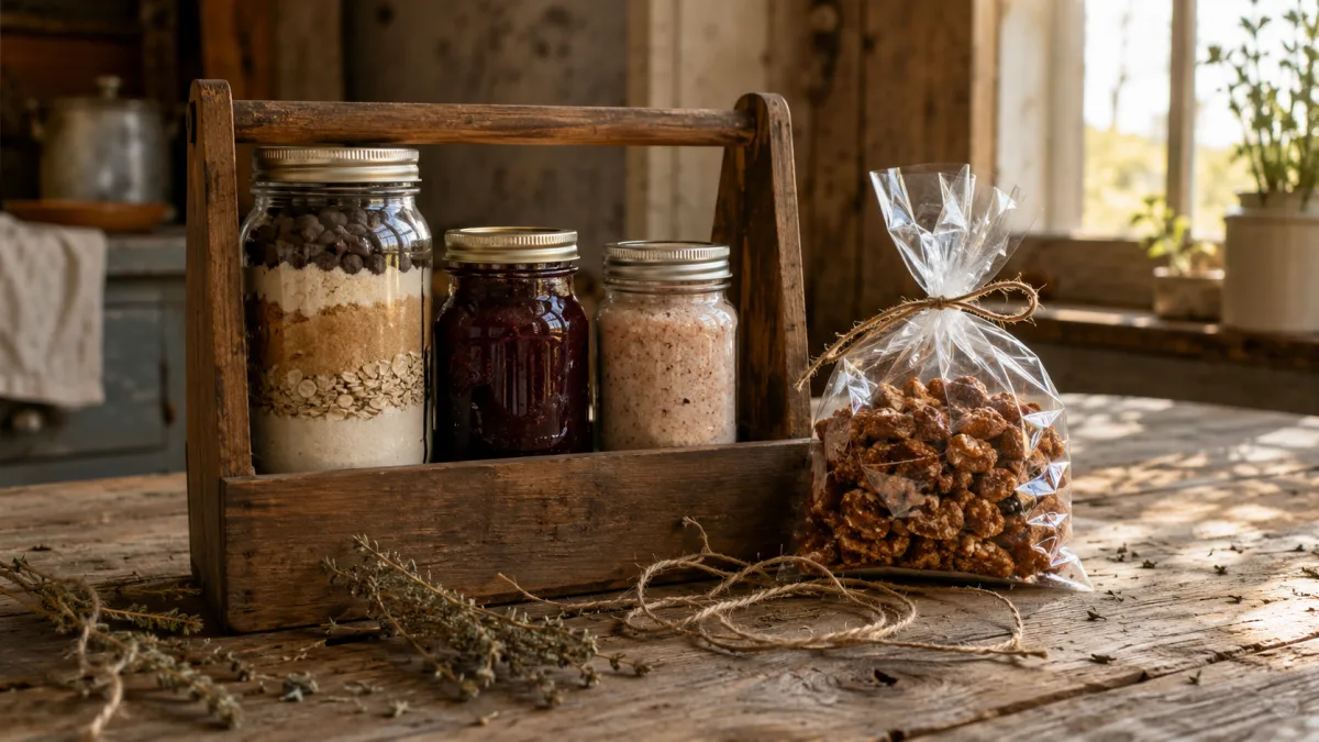 Assembled homemade food gift basket with mason jars and kraft paper labels on a kitchen table