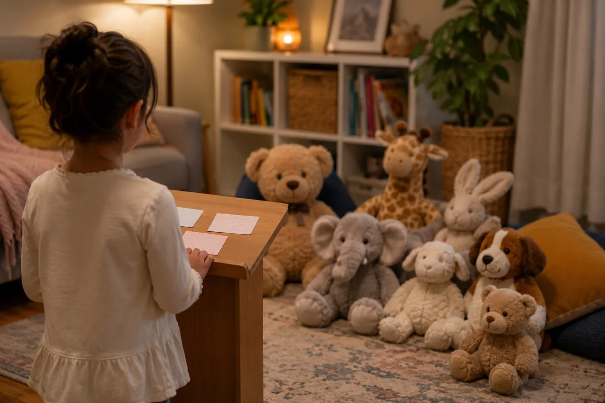 Child practicing public speaking at home
