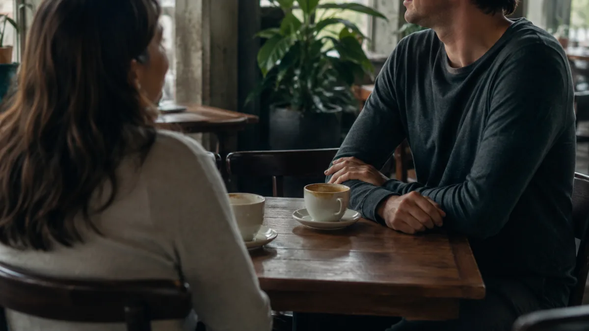 Two people talking over coffee on a simple date