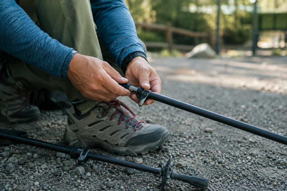 Adjusting telescoping walking sticks before a hike