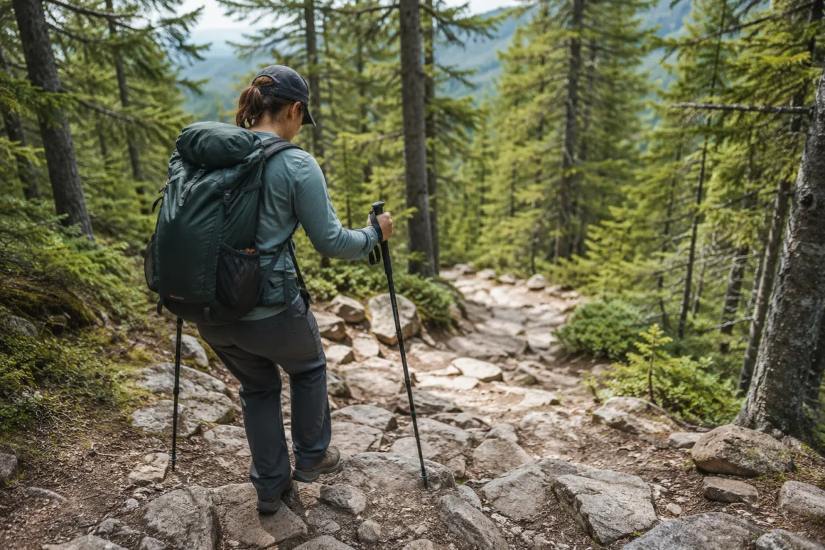 Walking sticks adjusted for downhill trail use