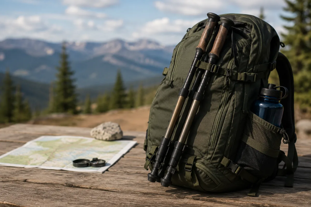 Collapsed walking sticks attached to a hiking backpack