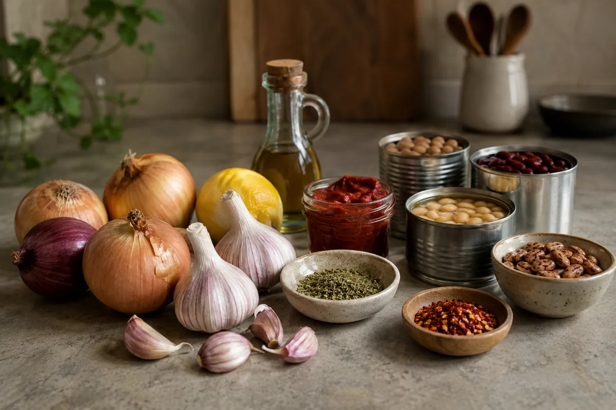Budget pantry flavor ingredients on a kitchen counter