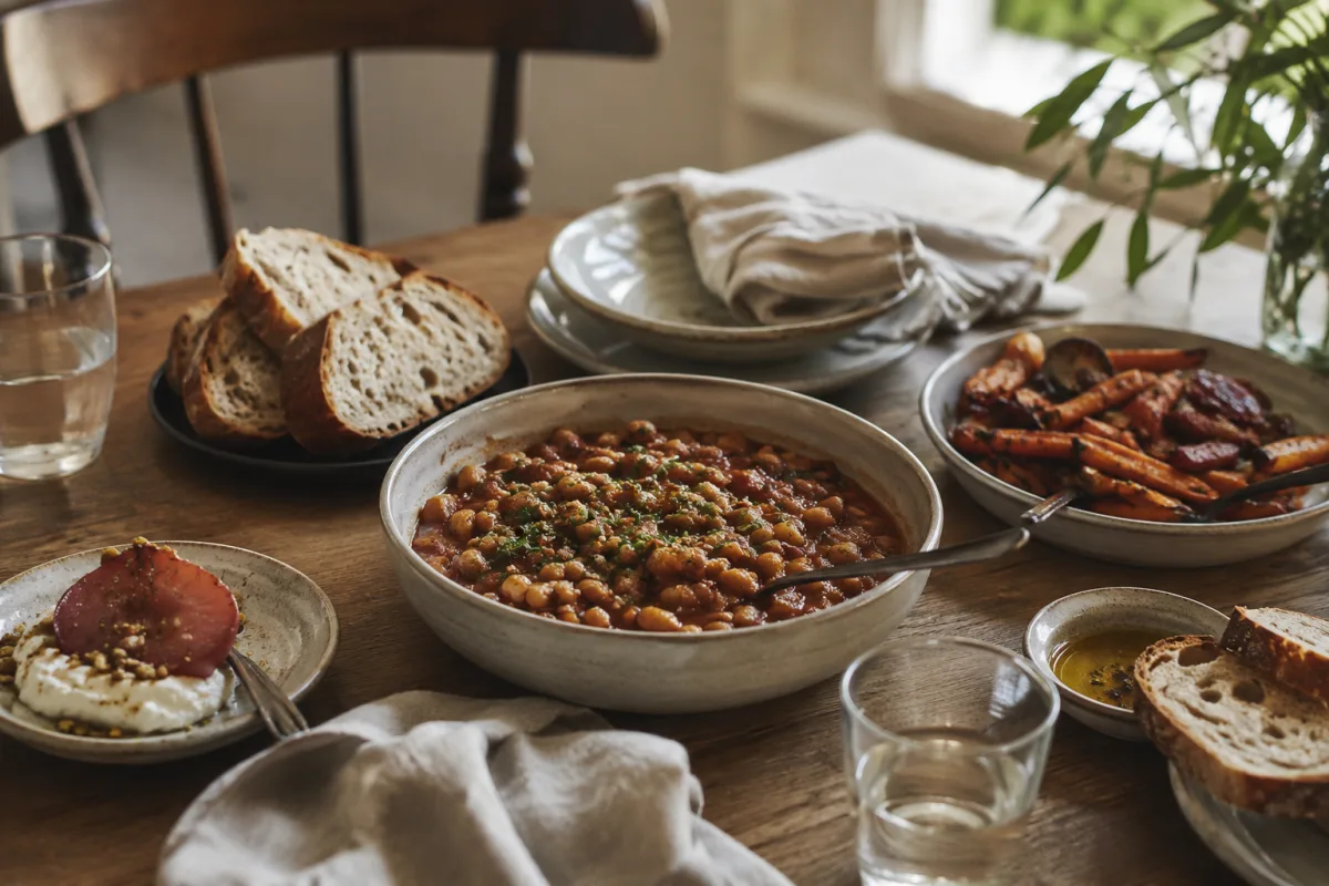 Budget dinner party table with simple shared dishes