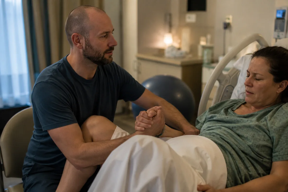 Birth partner offering calm support during labor