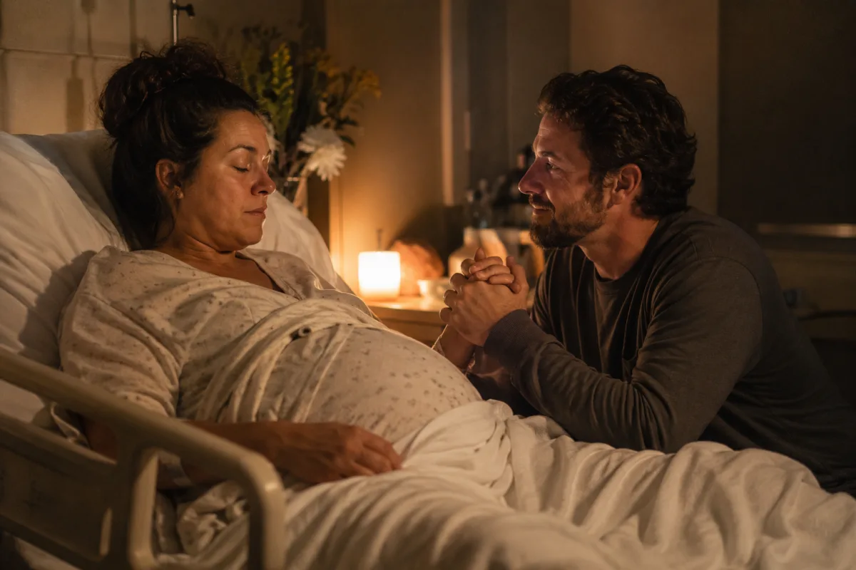 Birth partner breathing with laboring person