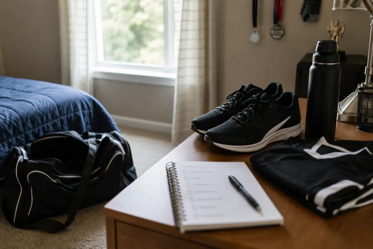 Athlete packing gear before a sports tryout