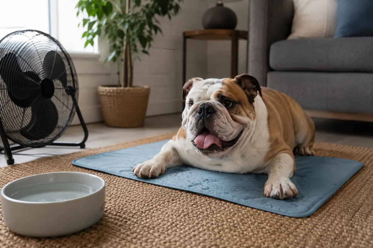 English Bulldog resting indoors in a cool room