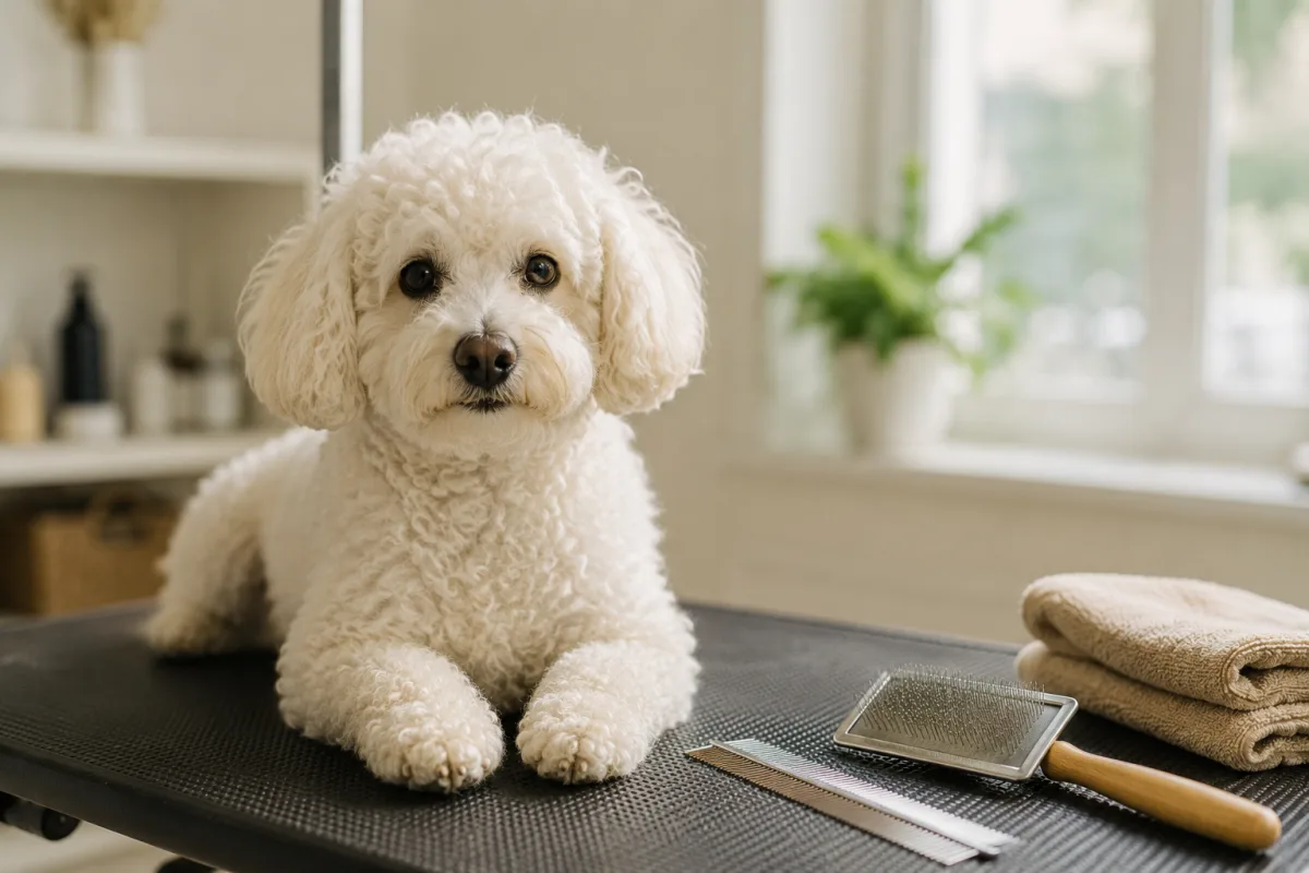 Bichon Poo grooming tools and curly coat brushing
