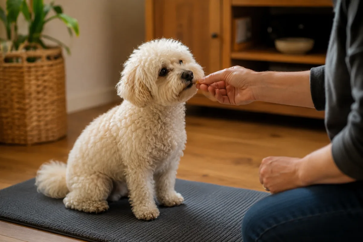 Bichon Poo learning sit with reward-based training