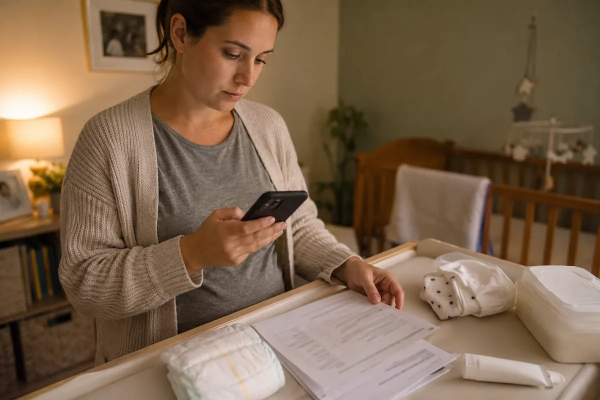 Parent holding phone near newborn care instructions