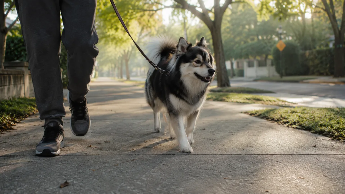 Jindo on a secure leash during a calm neighborhood walk