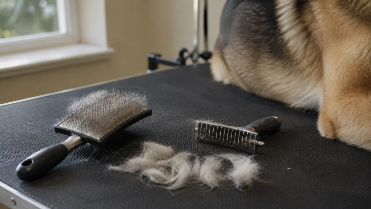 Brush and undercoat rake beside loose Jindo coat on a grooming table