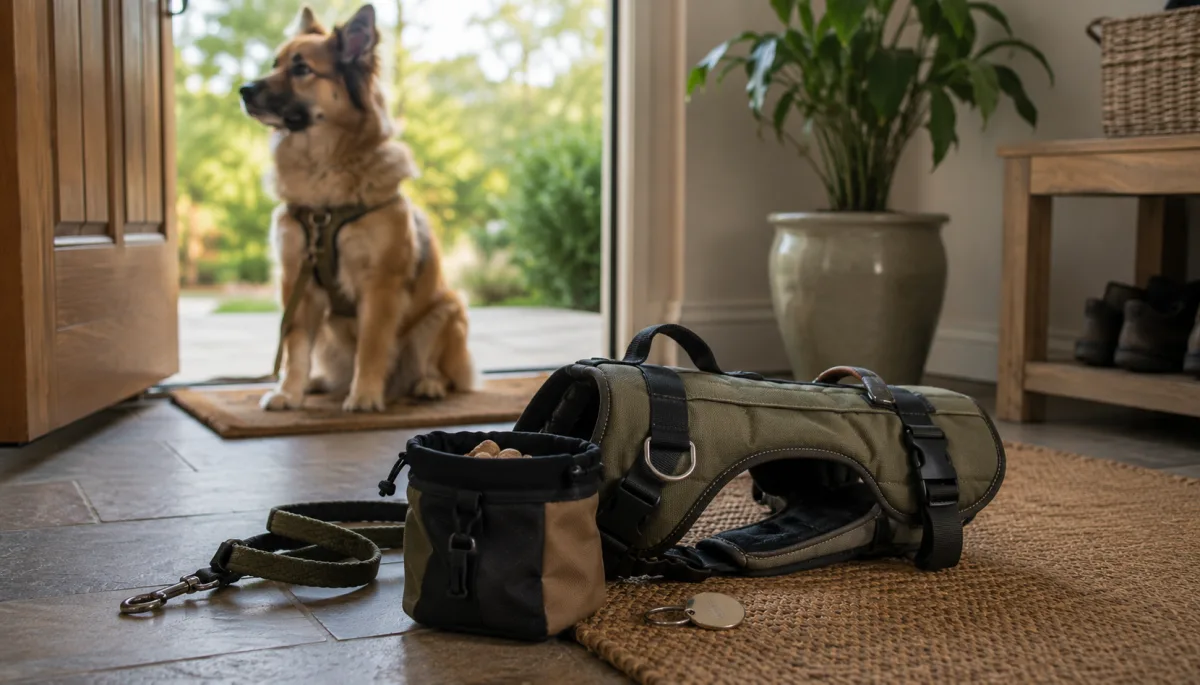 Jindo walking vest and ID tag laid out with a leash near a door