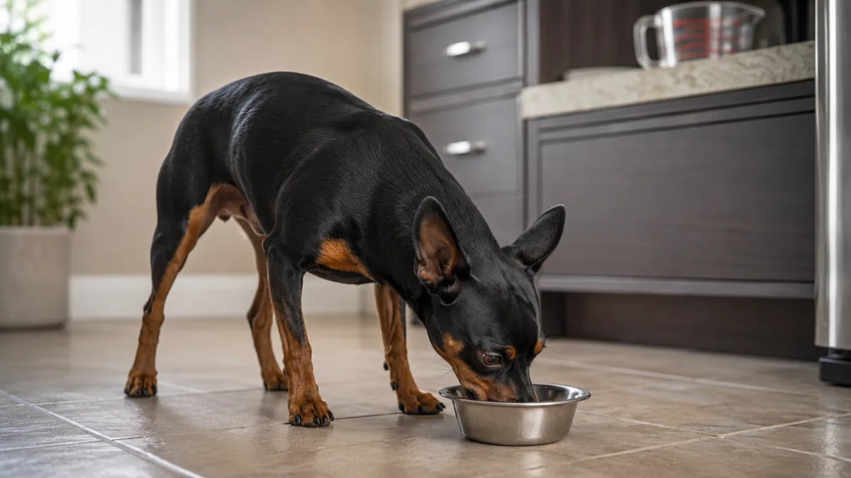 Miniature Pinscher eating from a measured portion in a stainless steel bowl