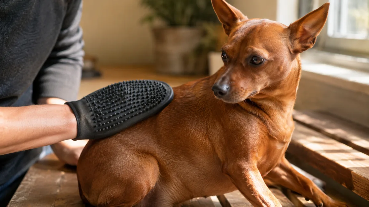 Owner brushing a Miniature Pinscher with a rubber grooming mitt