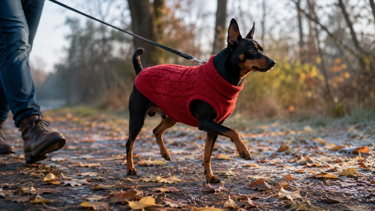 Miniature Pinscher wearing a fitted coat on a cold-weather walk
