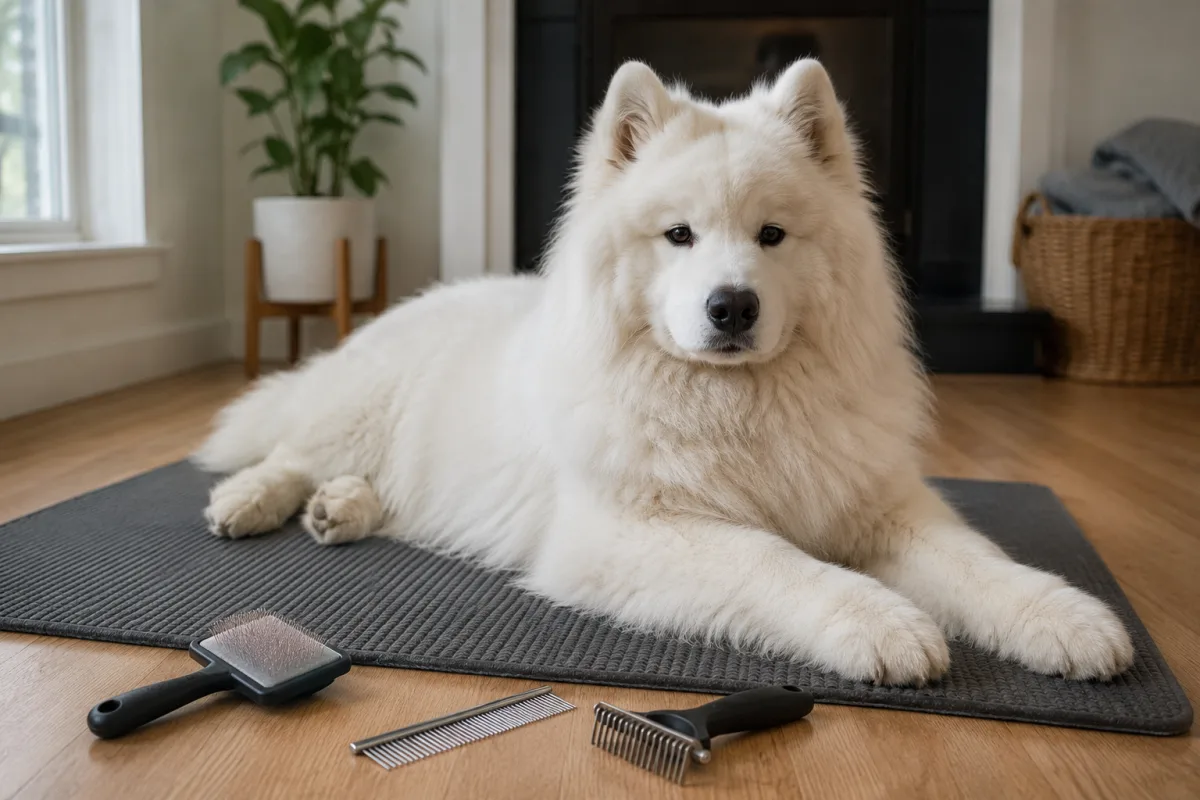 Samoyed coat grooming tools beside a white dog on a mat