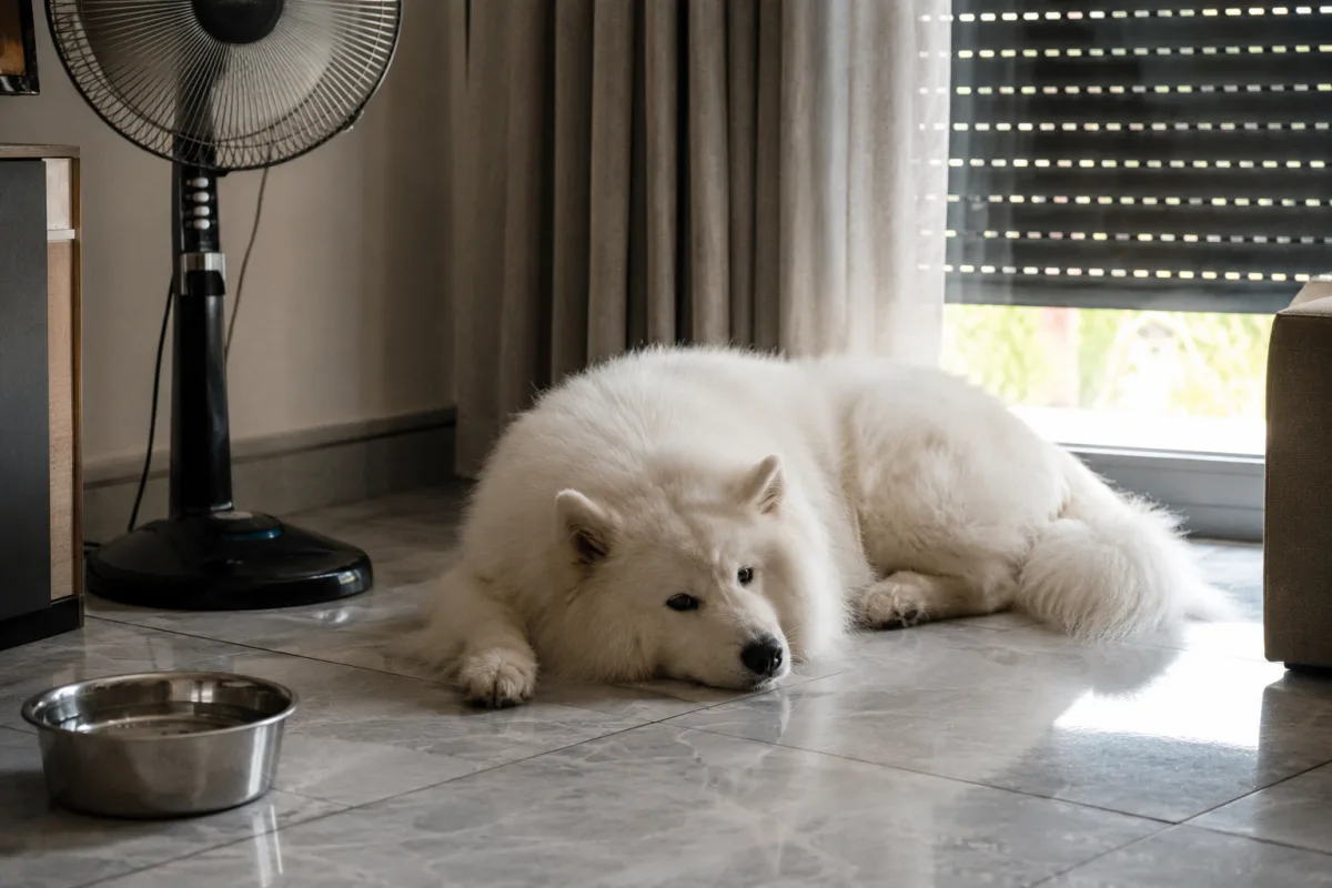 Samoyed resting indoors near a fan and water bowl during warm weather