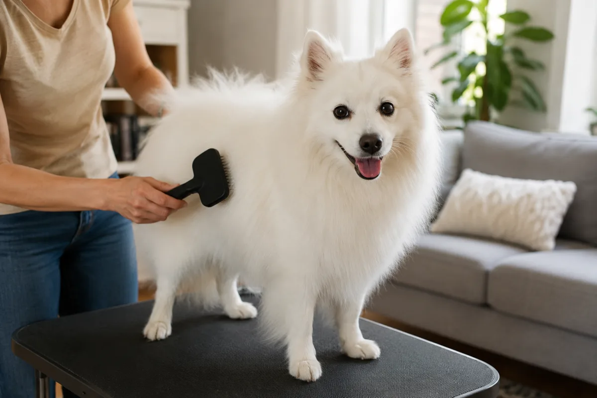 American Eskimo Dog being brushed at home