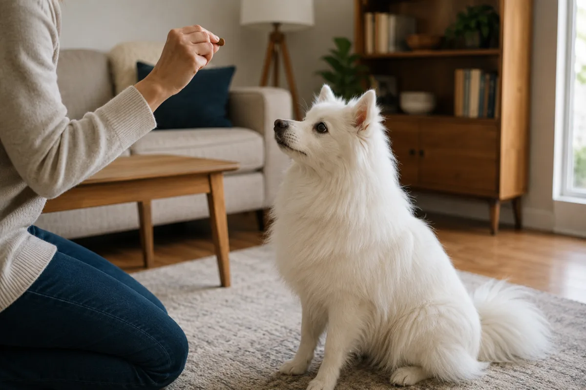 American Eskimo Dog practicing sit with owner