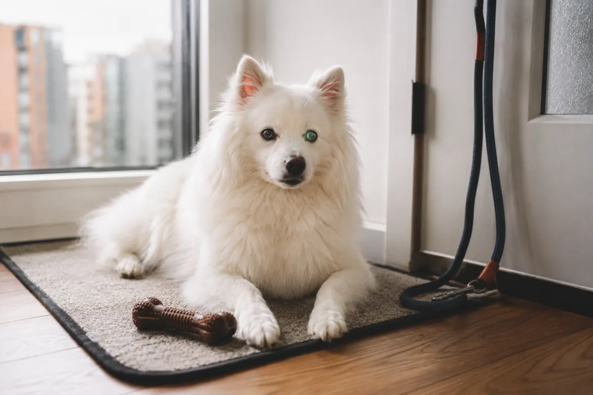 American Eskimo Dog resting calmly in apartment