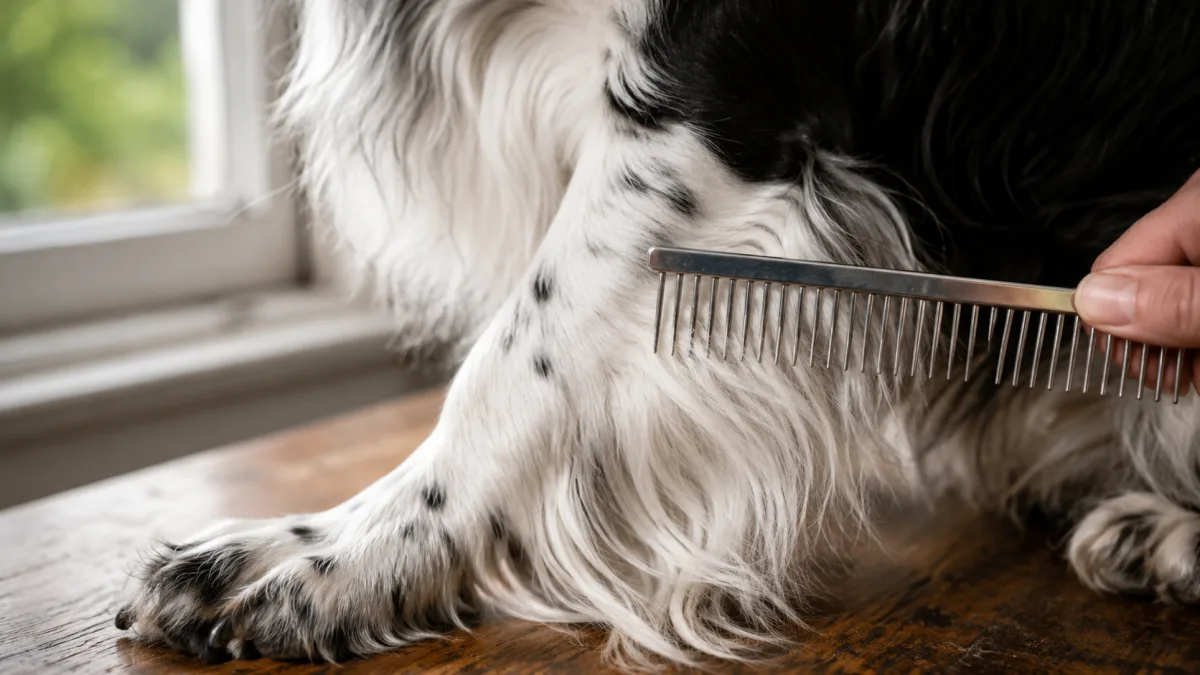 Close-up of English Springer Spaniel feathering being brushed