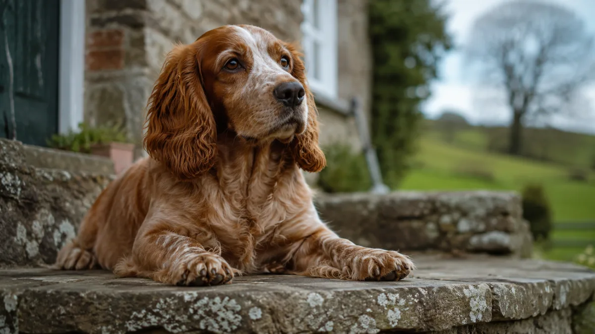 English Springer Spaniel resting after outdoor exercise
