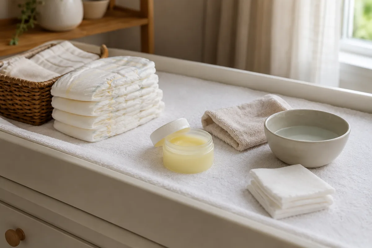 Newborn diaper changing station with petroleum jelly and clean gauze