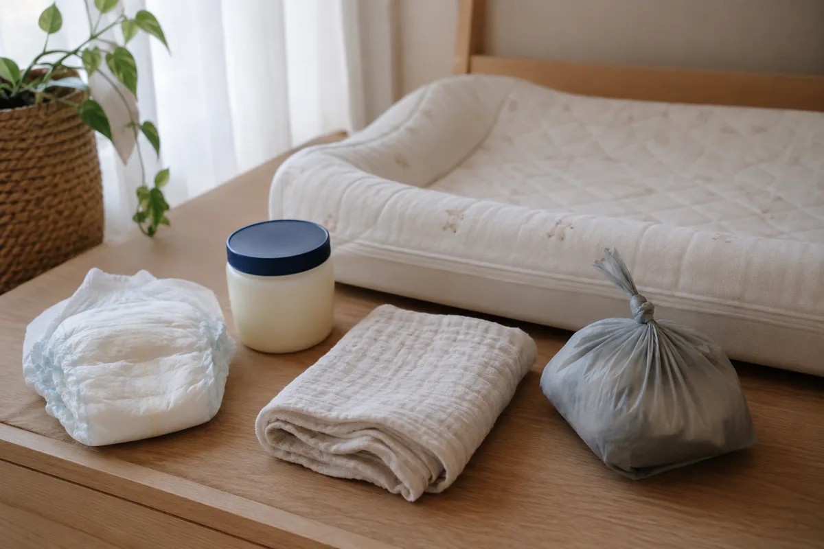 Organized newborn aftercare supplies beside a changing pad