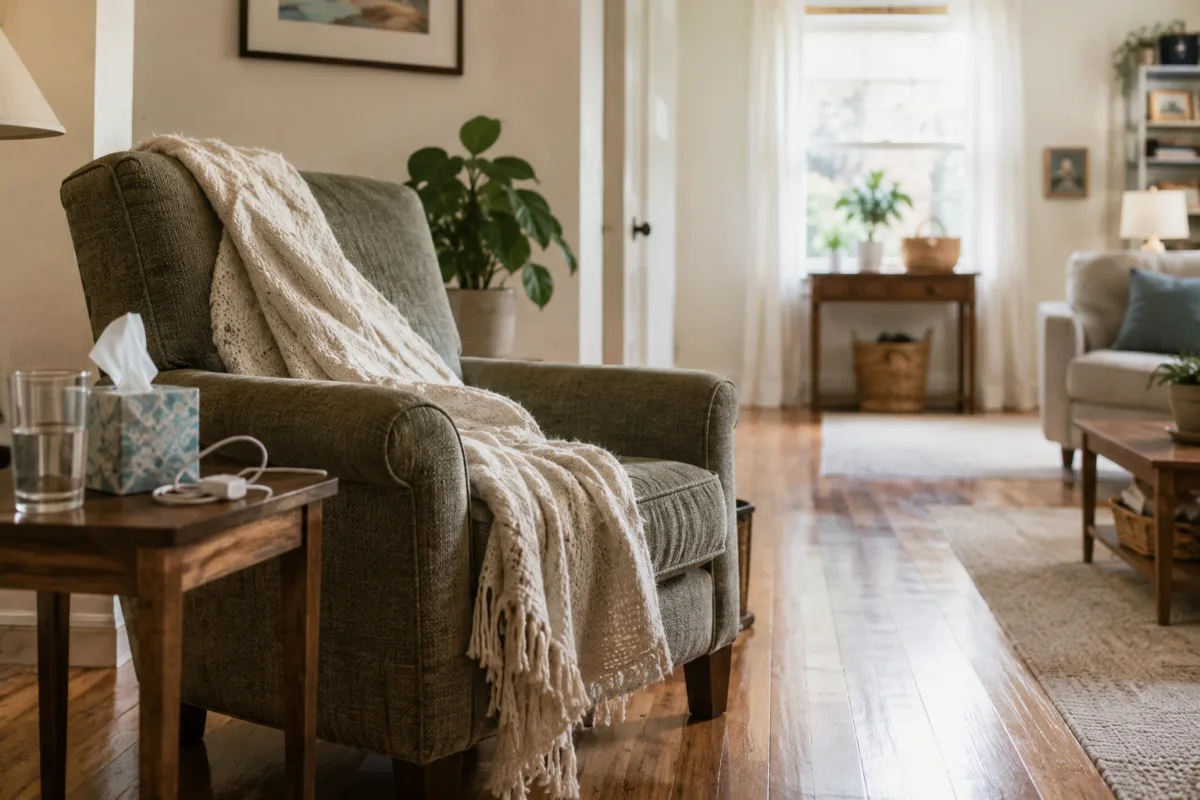 Calm home recovery area with water, blanket, and clear pathway