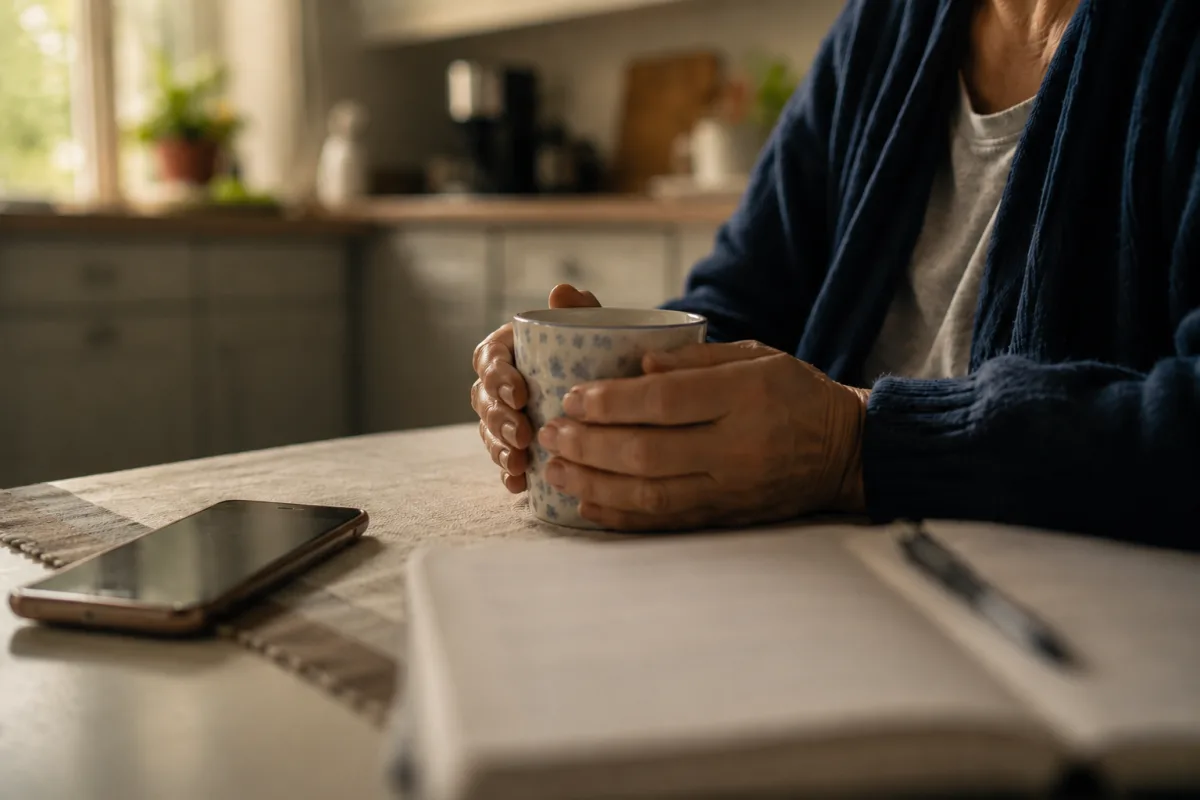 Caregiver taking a quiet break with tea and notes
