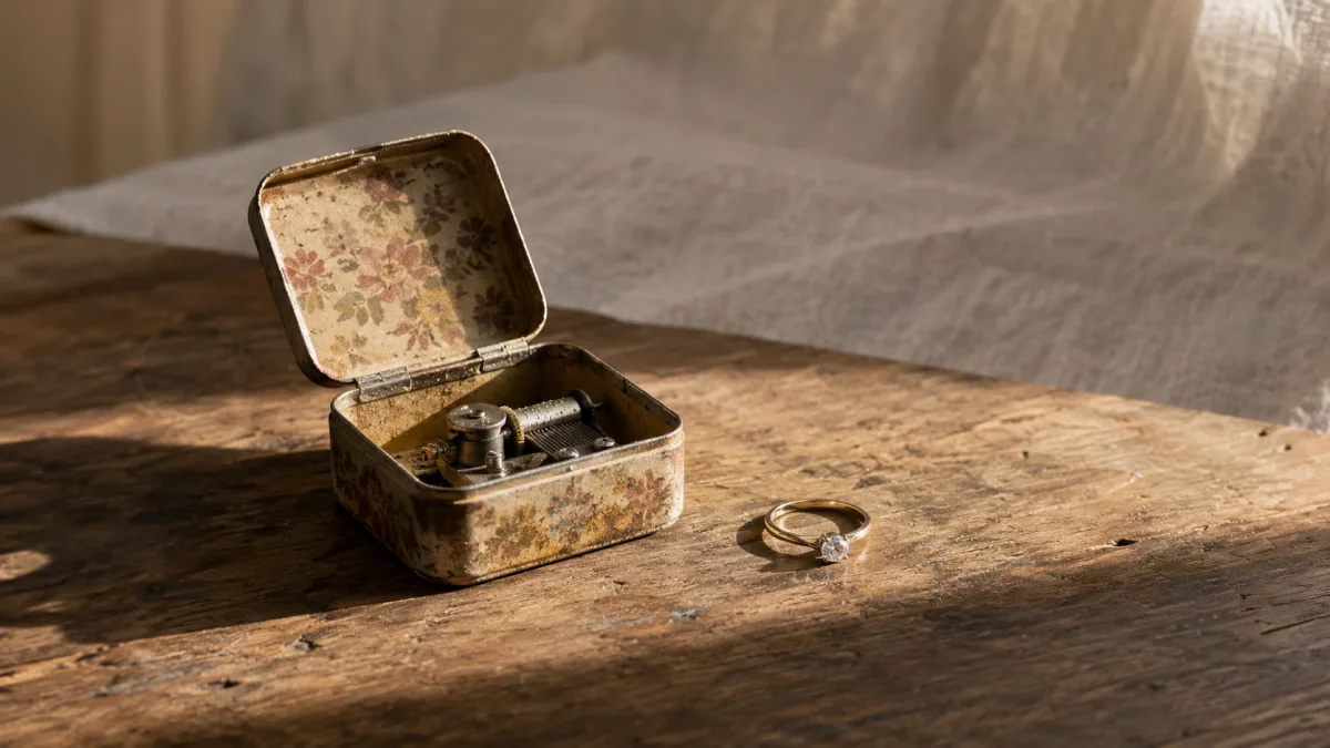 Tin music box and diamond ring on a weathered wooden table