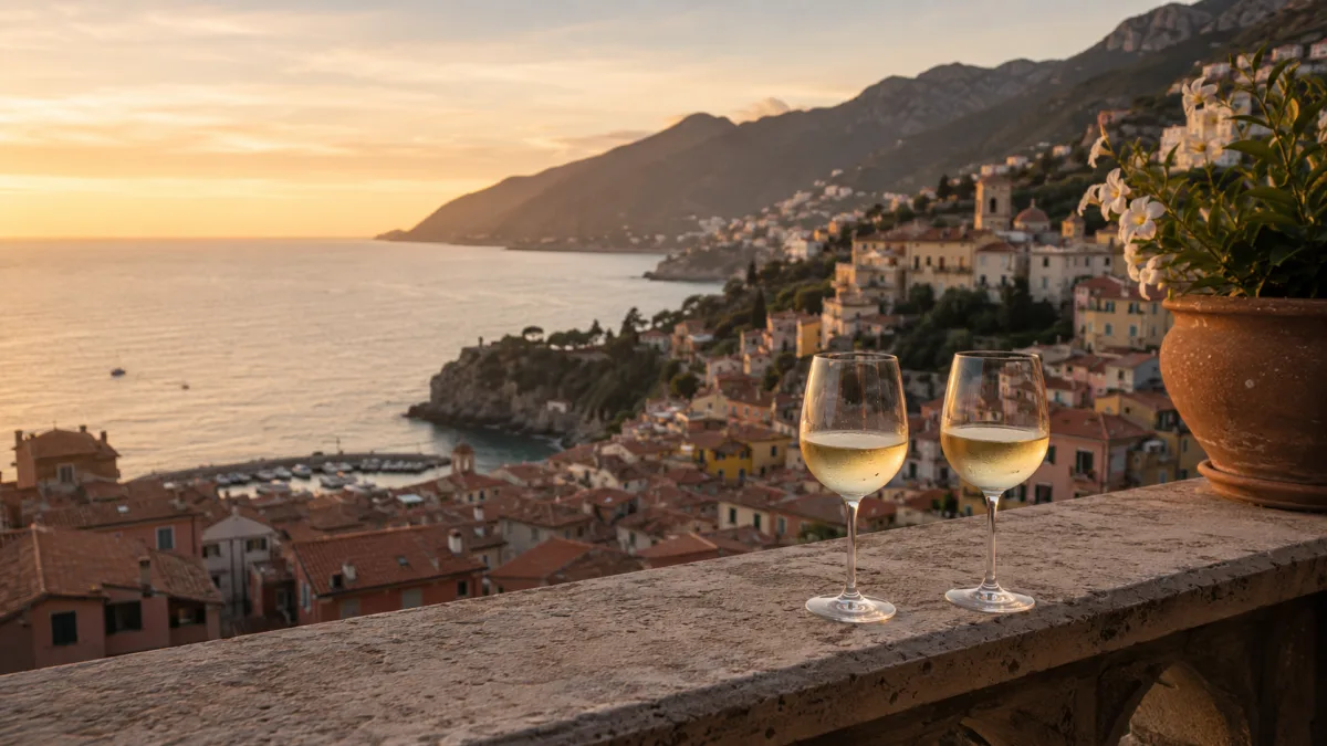 Balcony view over a coastal town at dusk with two wine glasses on the railing
