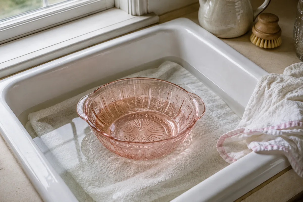 Pink Depression glass bowl being hand washed on a towel-lined sink