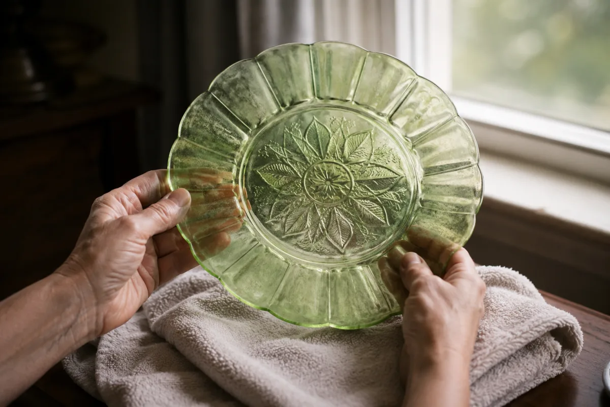 Green Depression glass plate checked under side light for cloudiness and chips