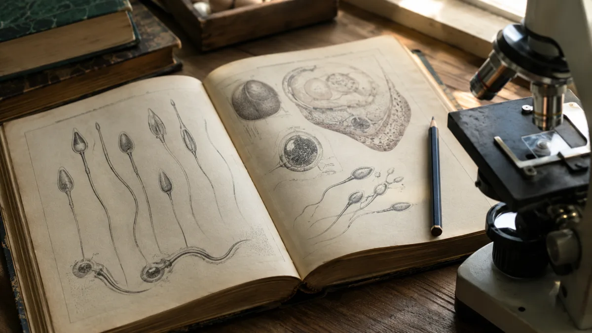 Close-up of a medical textbook open to a diagram of human sperm and chromosomes