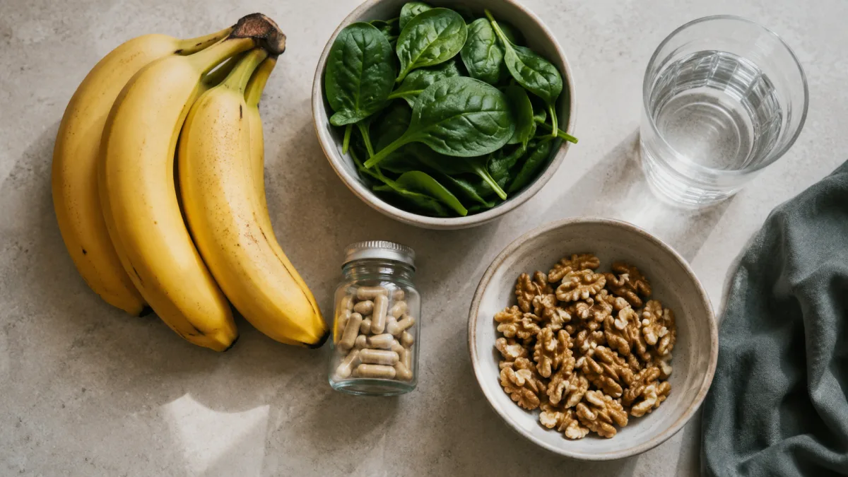 Assortment of fresh fruits, vegetables, and dietary supplements on a kitchen counter