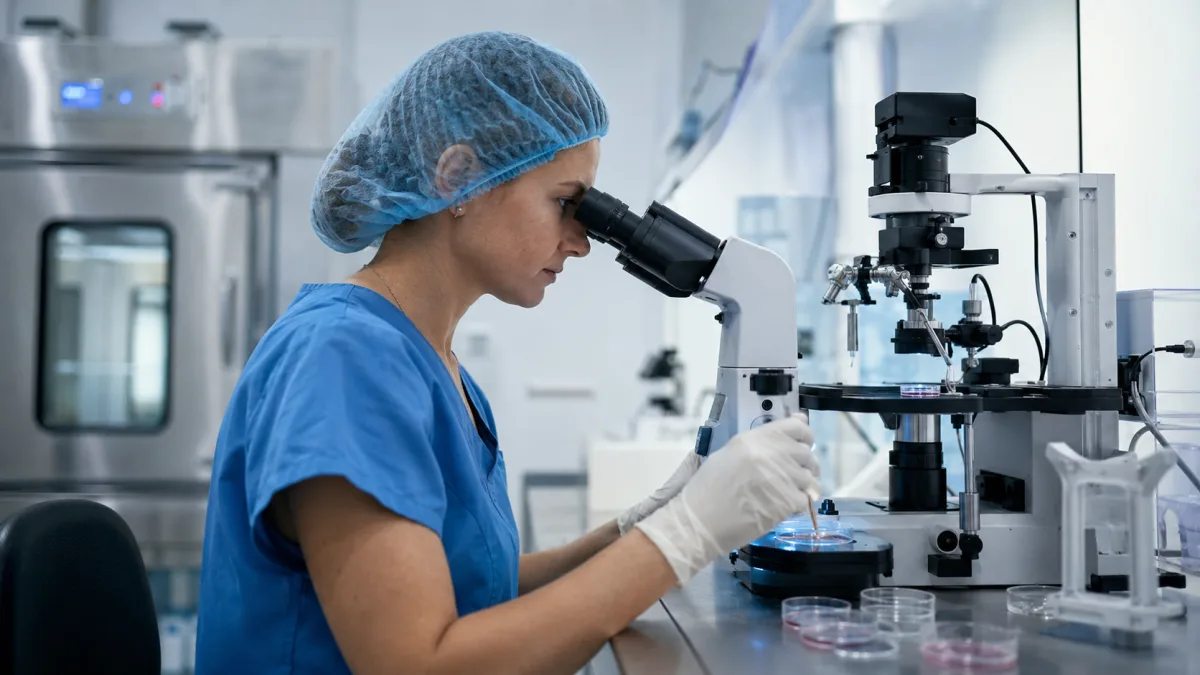 Embryologist working at a laboratory microscope in a fertility clinic