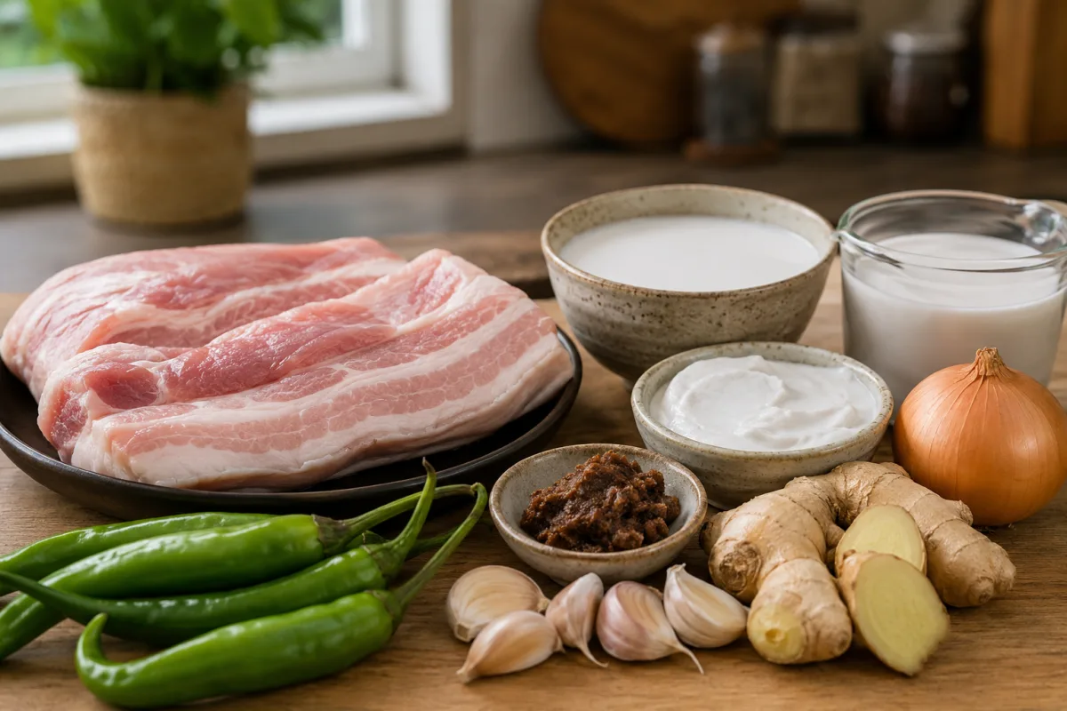 Bicol Express ingredients with pork coconut milk and chilies