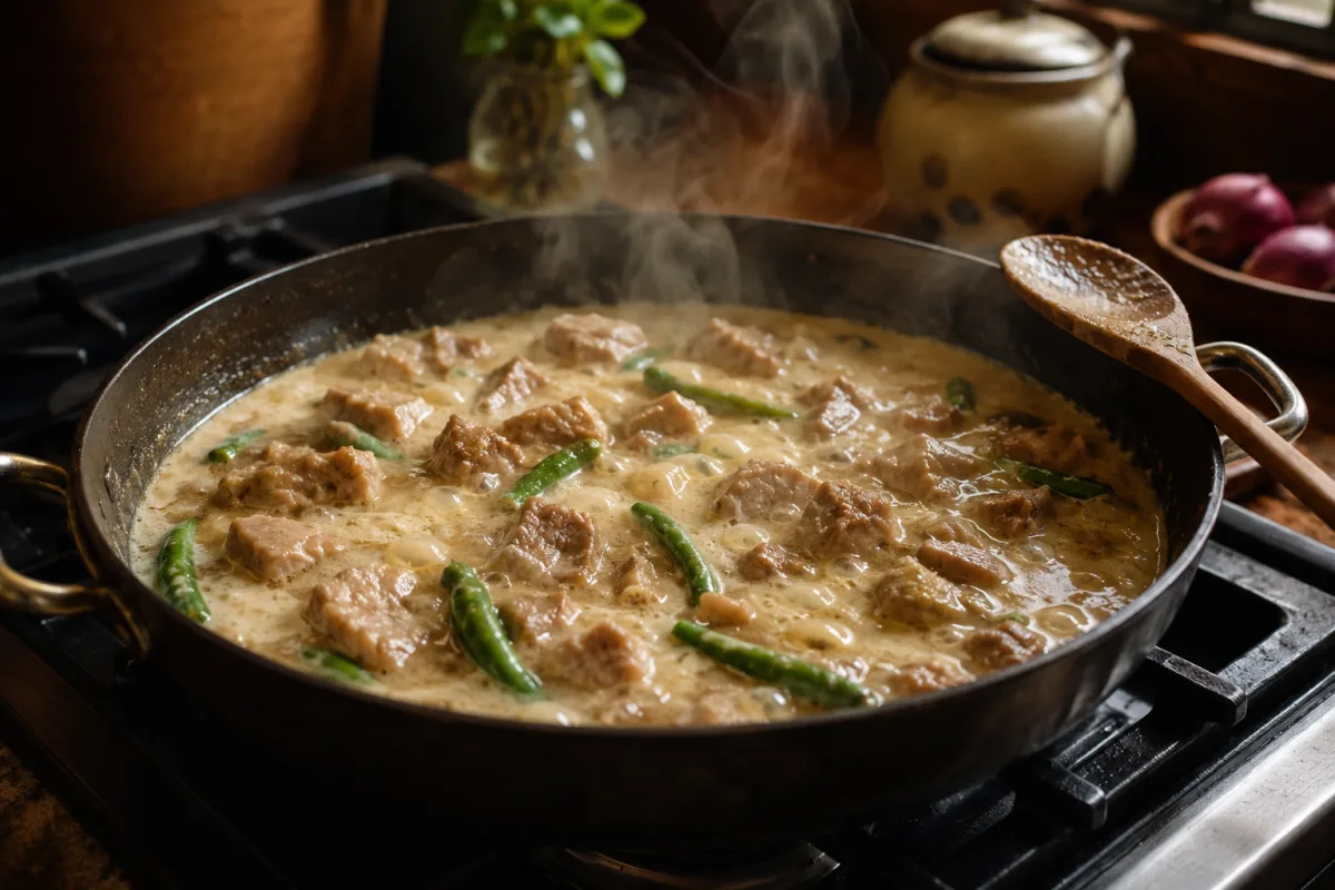Bicol Express simmering gently in coconut milk