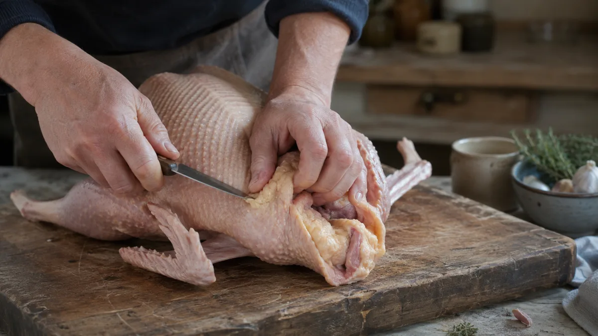 Raw whole goose on a wooden cutting board being trimmed of excess fat before roasting